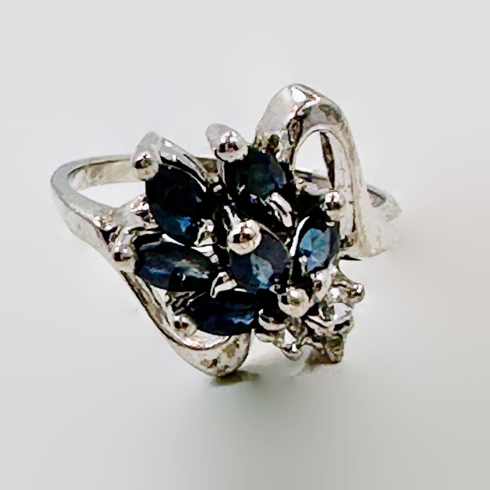 Spinel, Ring, Sterling Silver, White Topaz, Vintage Ring, MCM, 50s, Blue Spinel